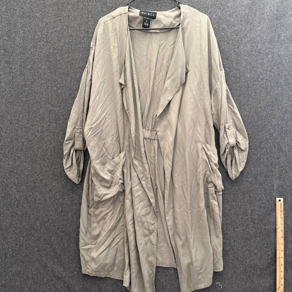 Womens Olive Green Rayon Open Front Duster Long Cardigan Jacket Large